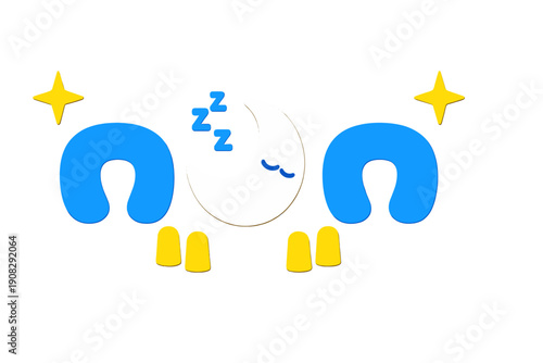 A cartoon illustration featuring a sleeping crescent moon with closed eyes and blue Zzz symbols, flanked by two blue neck pillows, yellow earplugs, and stars on a black background.