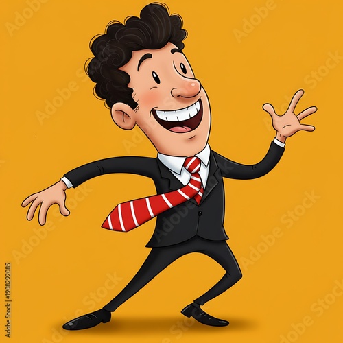 Enthusiastic Cartoon Illustration: Animated Figure in Suit, Red Tie