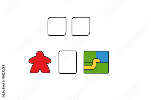 A collection of board game components including a red meeple, two white cubes, a blank white tile, and a square map tile with a yellow road, all isolated on a black background.