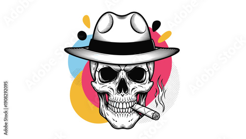 Black and white engraving of a skull wearing a stylish fedora hat and smoking a cigar against a vibrant colorful abstract background.