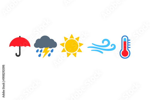 A collection of five colorful weather icons including a red umbrella, a storm cloud with rain and lightning, a bright yellow sun, blue wind swirls, and a red thermometer on a black background.