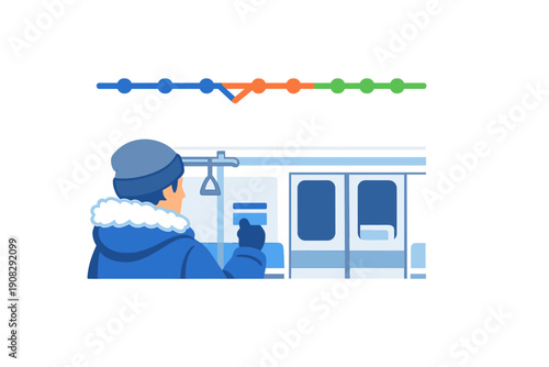 A man wearing a blue winter jacket and hat stands inside a subway car. Above him is a colorful transit map showing different routes and stops in a flat vector style.