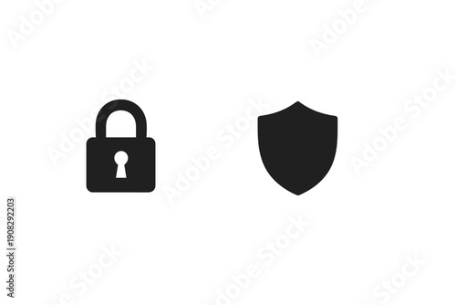A black padlock icon and a black shield icon are displayed side by side against a solid black background, representing concepts of security, protection, and digital privacy.
