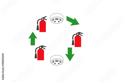 A circular diagram on a black background features red fire extinguishers and grey smoke detectors connected by green arrows, representing a fire safety or maintenance cycle.