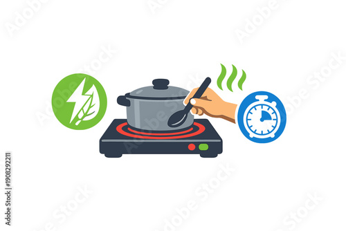 This illustration depicts a hand stirring a pot on an electric stove. It features icons for energy efficiency and a timer, representing fast and eco-friendly cooking methods.