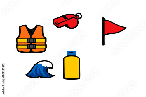 A collection of water safety stickers including an orange life vest, a red whistle, a red flag, a blue ocean wave, and a yellow bottle of sunscreen on a black background.