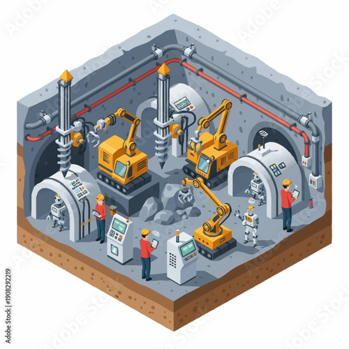 Isometric underground mining operation with heavy machinery and workers.