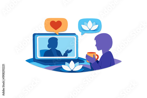 A stylized illustration shows a person holding a mug while talking to a professional on a laptop screen, with heart and lotus icons representing therapy and mental wellness.