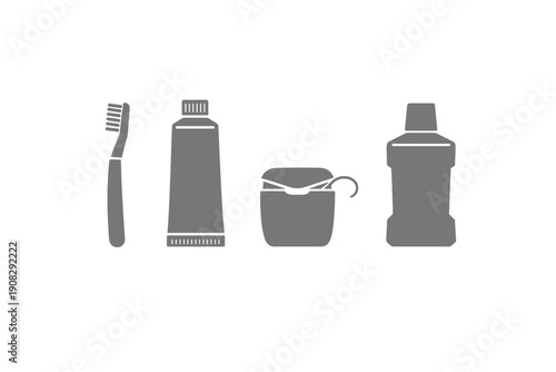 A minimalist illustration featuring gray silhouettes of a toothbrush, toothpaste tube, dental floss, and mouthwash bottle arranged in a row against a solid black background.