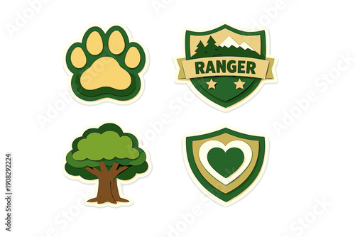 A collection of four nature-themed stickers featuring a yellow paw print, a ranger shield with mountains, a stylized green tree, and a heart-shaped emblem on a black background.