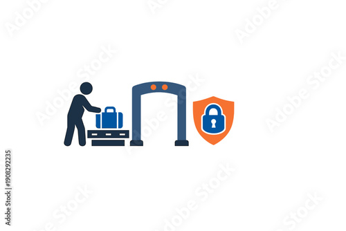 A flat vector illustration depicting airport security screening with a person placing luggage on a conveyor belt next to a metal detector and a protective shield with a padlock.