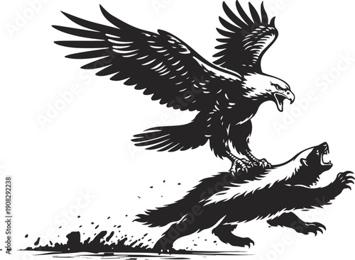 Silhouette vector art of a powerful eagle repeatedly trying and failing to lift a fearless honey badger. Wildlife struggle concept showing strength, resistance, and survival in nature. Isolated on