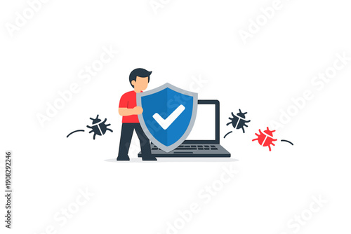 An illustration of a person holding a protective shield with a checkmark in front of a laptop, defending it against virus bugs. This represents cybersecurity and data safety.
