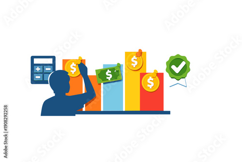 A blue silhouette of a person manages a colorful bar chart with dollar signs, a calculator icon, and a green checkmark badge, representing financial planning and business analysis.