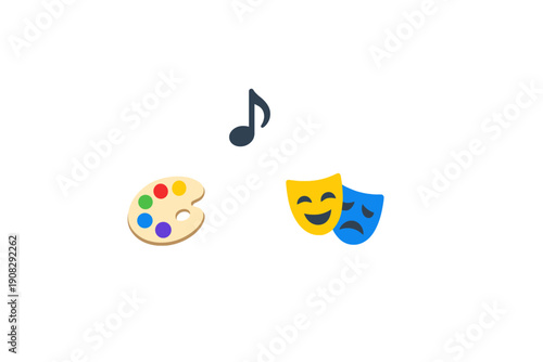 A digital illustration featuring an artist palette with colorful paint, a single musical note, and theater masks representing comedy and tragedy against a solid black background.