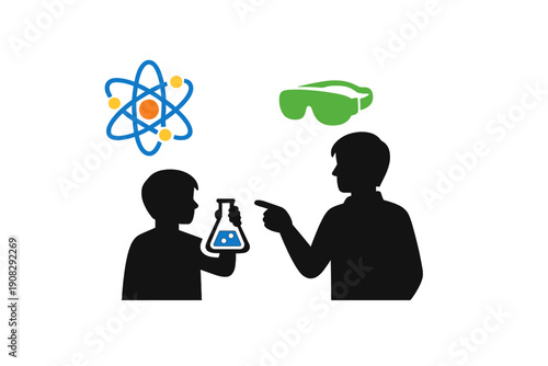 A silhouette of a student holding a flask and a teacher pointing, with icons of an atom and safety goggles above them, illustrating a science lesson on a black background.