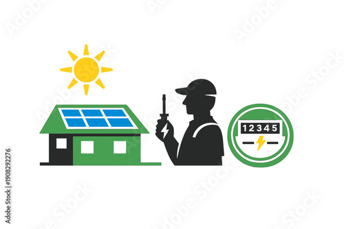A flat vector illustration depicting a house with solar panels, a sun, a technician holding a tool, and an electric meter, representing renewable energy installation and maintenance.