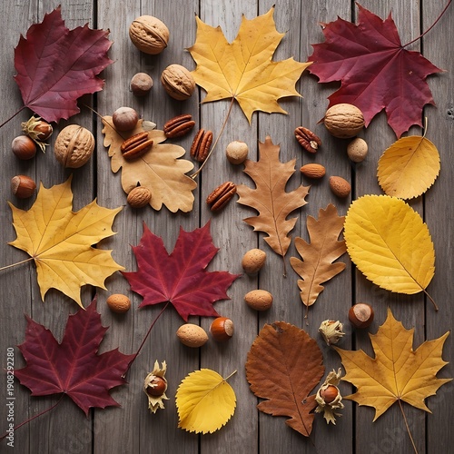 Autumn's Embrace: Fallen Leaves and Nuts on Weathered Wood