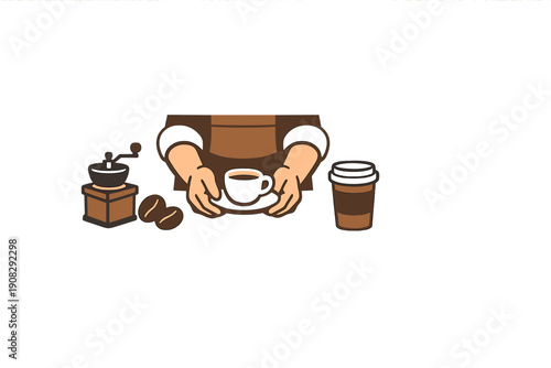 A flat vector illustration of a barista holding a white cup of coffee, featuring a manual coffee grinder, coffee beans, and a takeaway cup against a black background.