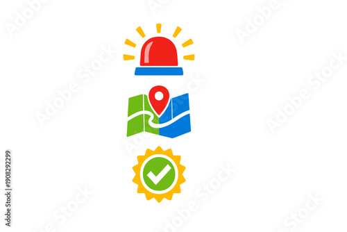Three colorful icons are vertically aligned on a black background, featuring a red emergency siren with a blue base, a folded map with a location pin, and a yellow badge with a green checkmark.