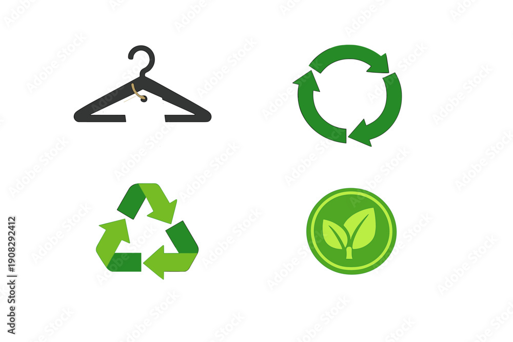 Obraz premium A collection of four icons representing sustainable fashion and recycling, including a clothes hanger with a tag, a circular arrow, a recycling symbol, and a leaf emblem on a black background.