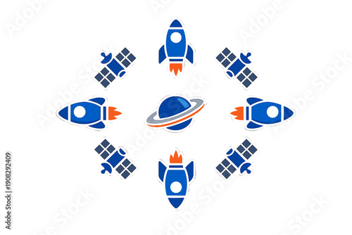 This illustration features a central blue planet with rings surrounded by four rockets and four satellites. The icons are styled as stickers with white outlines on a black backdrop.
