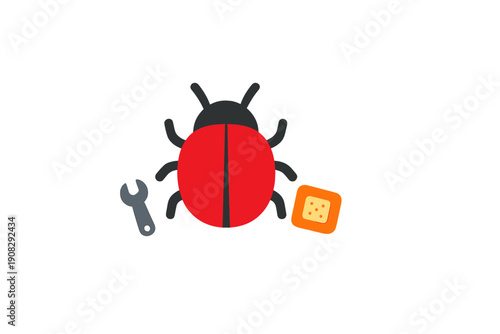 A flat vector illustration features a red and black beetle bug accompanied by a grey wrench and an orange square bandage, symbolizing software debugging and technical maintenance repairs.