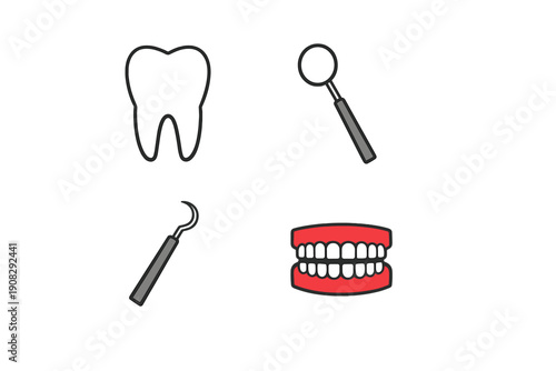 A collection of four dental icons including a white molar tooth, a dental mirror, a scaler tool, and a set of dentures with red gums, all displayed on a solid black background.
