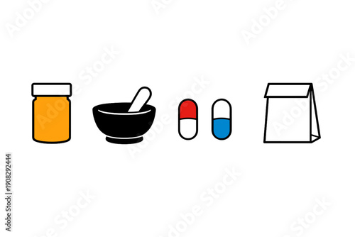 A row of medical icons featuring an orange pill bottle, a mortar and pestle, two colored capsules, and a paper bag, all set against a solid black background in a flat vector style.