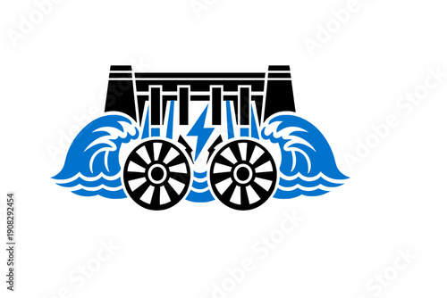 This stylized graphic depicts a hydroelectric power plant with white outlines, blue water waves, and black turbines. A central lightning bolt signifies energy production.