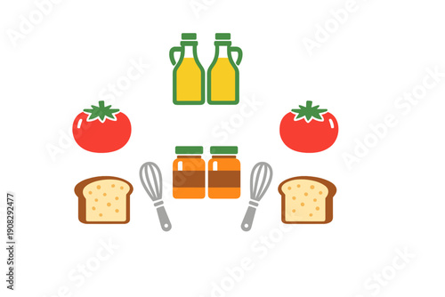 A collection of colorful kitchen and food icons including tomatoes, bread slices, oil bottles, whisks, and jars arranged symmetrically on a solid black background.