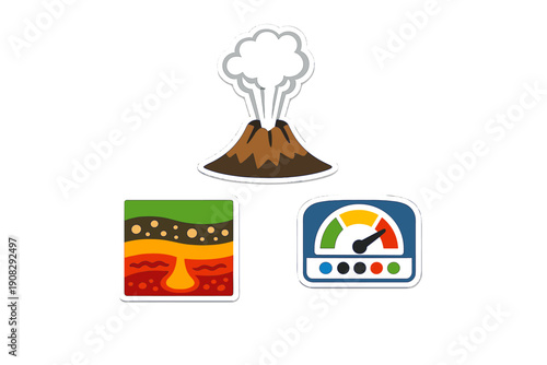 A set of three flat icons depicting a volcano erupting smoke, a geological cross-section of earth layers with magma, and a pressure gauge with a needle in the red zone.