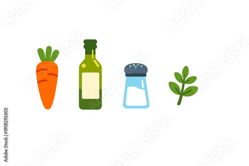 This flat vector illustration shows a carrot, a bottle of oil, a salt shaker, and a green herb sprig. The items are neatly arranged on a plain black background.