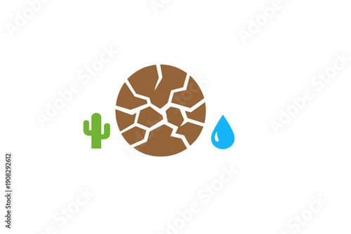 A graphic illustration featuring a cracked brown earth circle between a green cactus icon and a blue water drop on a black background, symbolizing drought and water scarcity.