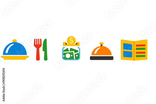 A collection of five colorful restaurant icons including a blue cloche, red fork and green knife, a tip jar with money, an orange service bell, and a yellow menu on a black background.