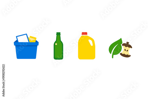 A flat illustration featuring four distinct icons for waste sorting: a blue paper bin, a green glass bottle, a yellow plastic jug, and organic waste including a leaf and apple core.