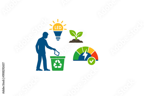 A collection of flat vector icons depicting eco-friendly practices like recycling, energy-efficient LED lighting, plant growth, and power consumption monitoring on a dark background.