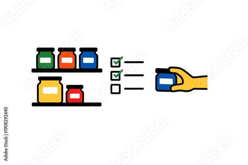 A graphic showing a hand selecting a blue jar from a shelf of colorful containers. A checklist with checkmarks suggests a task being completed or items being chosen from a list.