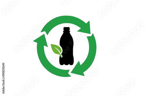 A green recycling symbol with three circular arrows surrounds a black silhouette of a plastic bottle featuring a small green leaf, representing environmental sustainability and waste reduction.