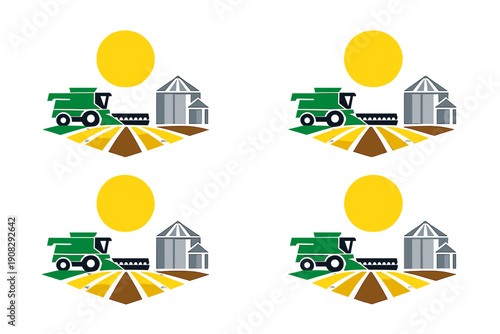 Four identical graphic logos depicting a green combine harvester, a yellow sun, and a grain silo over a stylized field, arranged in a grid on a black background.