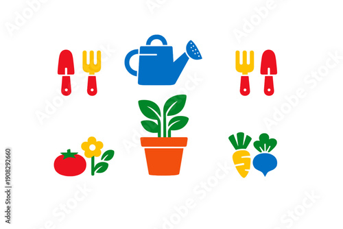 A collection of colorful gardening icons featuring a watering can, hand tools, potted plant, tomato, flower, carrot, and beet, all presented in a flat design style on a black background.