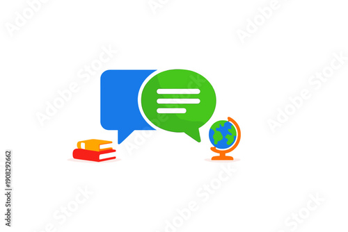 A flat illustration shows a blue speech bubble, a green speech bubble with text lines, a stack of books, and a globe on a black background for global education concepts.