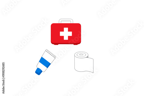 A red first aid kit with a white cross is shown alongside a tube of medical ointment and a roll of white gauze bandage. The medical items are illustrated in a flat style on a black background.