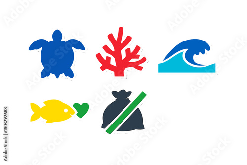 A collection of five colorful marine themed icons on a black background, including a blue turtle, red coral, ocean wave, yellow fish with a heart, and a crossed out trash bag symbol.