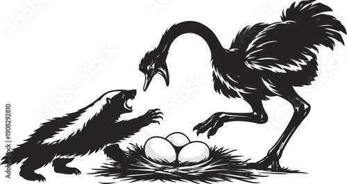 Vector silhouette art of a honey badger attacking an ostrich to steal its egg. Wildlife survival and food struggle concept illustrated in bold black silhouette on white background