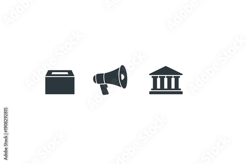 Three minimalist icons representing democracy and civic engagement, featuring a ballot box, a megaphone, and a classical government building on a solid black background.