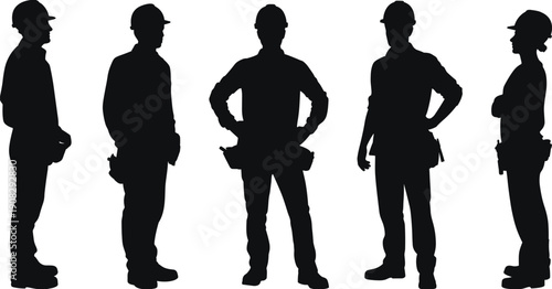 Construction worker silhouettes standing in confident poses isolated on white background, industrial labor workforce safety concept
