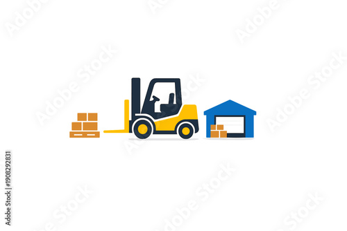 A flat illustration of a yellow forklift truck positioned between a stack of cardboard boxes on a pallet and a blue warehouse building, representing logistics and storage services.