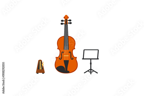 A flat illustration of a brown violin centered between a mechanical metronome and a black music stand, all set against a solid black background for a minimalist musical theme.