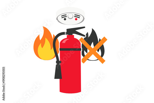 This graphic shows essential fire safety equipment including a red extinguisher and a smoke alarm. It includes a bright orange flame and a black flame crossed out with an X.